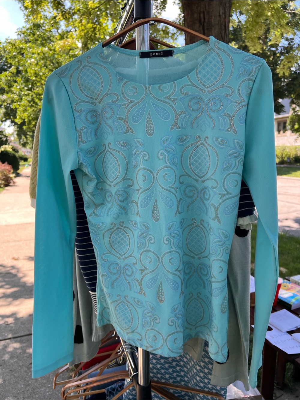 Light Blue Embellished Long-Sleeve Women's Top